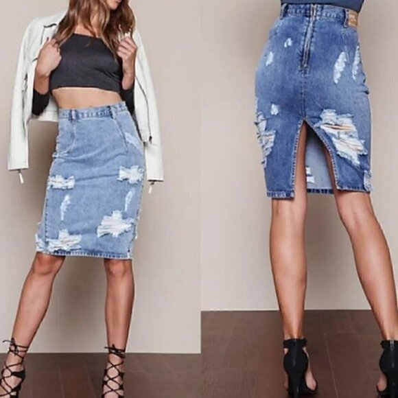 SUPER FLATTERING One Teaspoon Freelove Distressed Denim Pencil Skirt | High Wais - Picture 1 of 10